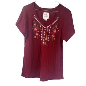 NEW YORK LAUNDRY Short Sleeve Embroidered Floral Top Womens Size Medium M